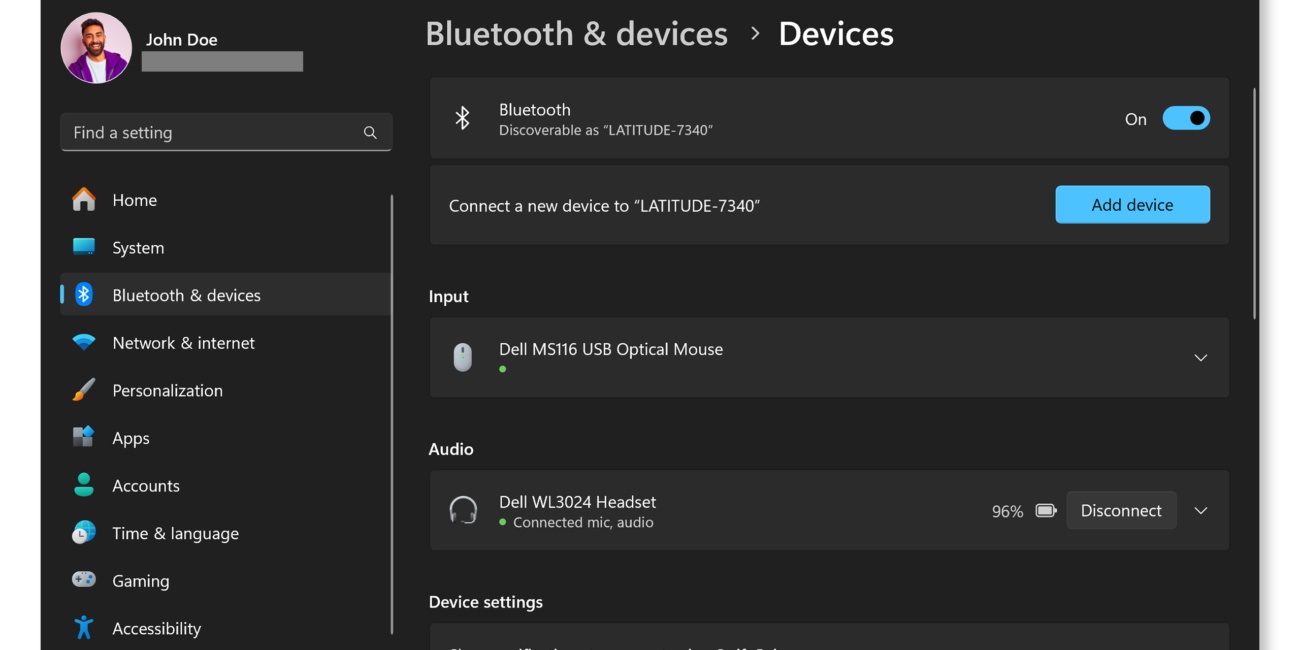 Windows 11 Bluetooth and devices settings showing connected headphones and paired devices