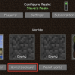 Minecraft Realms configuration screen with the World backups option highlighted