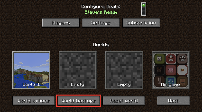 Minecraft Realms configuration screen with the World backups option highlighted